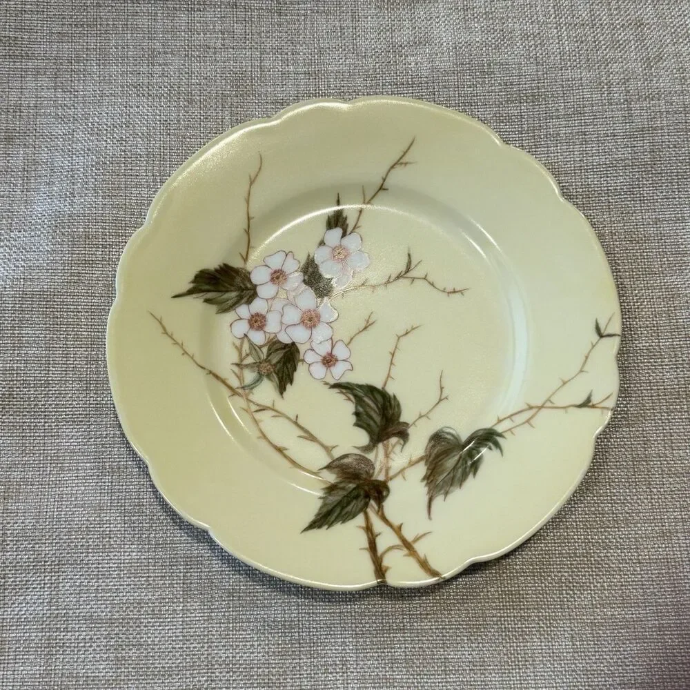 Antique H & Co Limoges Hand Painted Yellow W White Flowers Green 7 3/4” Thorns